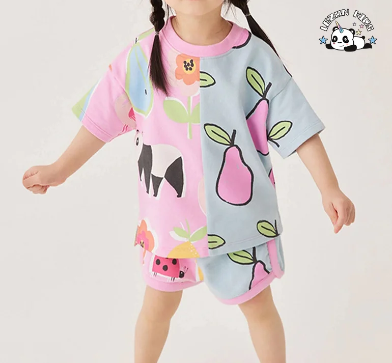 LEZONKIDS - 2024 Novo Conjunto de Roupas para Meninas Colorblock de Algodão Impresso Fashionável e Fofo